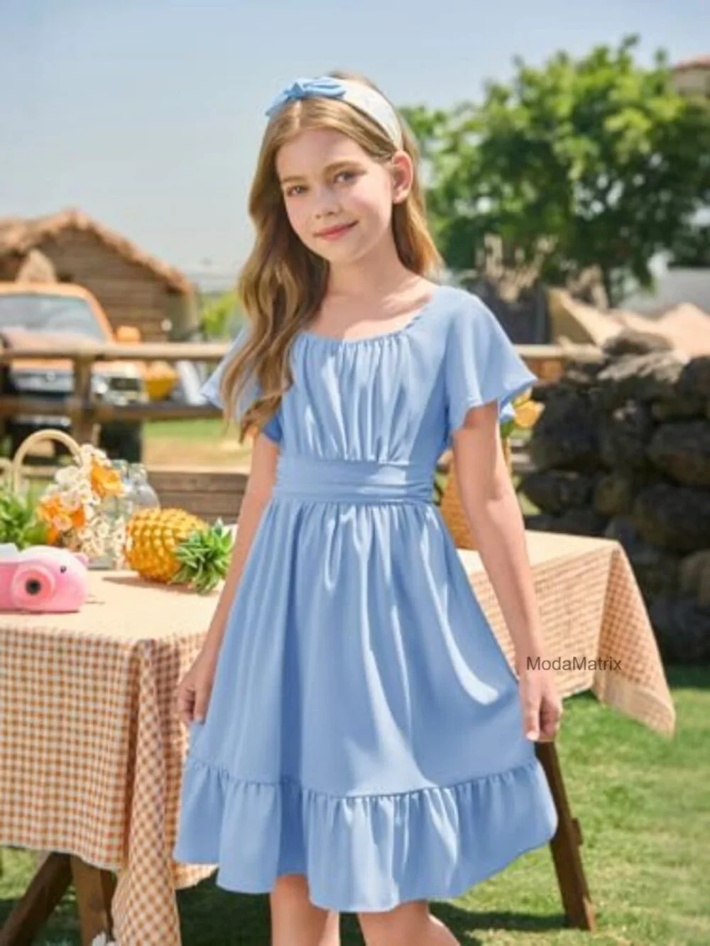 Girls Ruffle Short Sleeve Tie Back A-line Dress Square Neck Smocked Waist